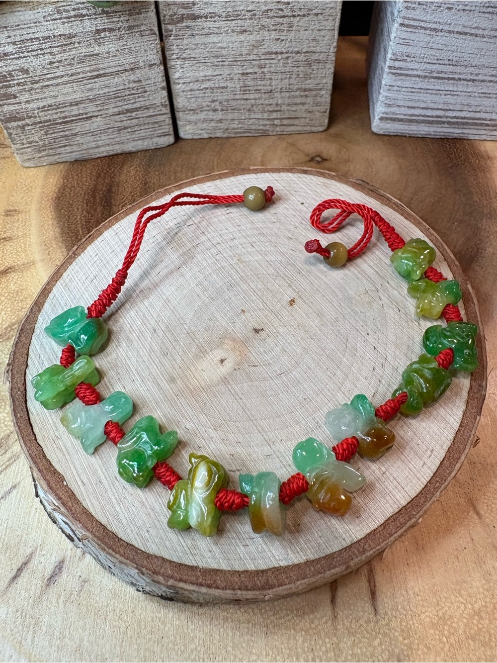 Vintage Green Multi-Tone Jade Beaded Bracelet with Red Cord
